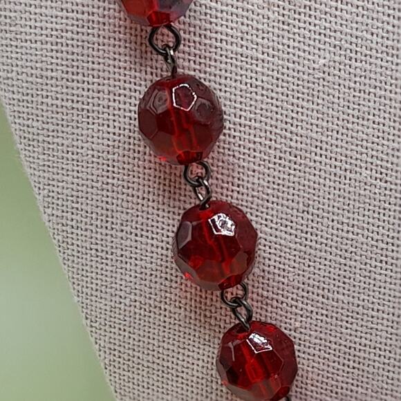 Vintage Czech Red Fire Polished Bead Necklace 42” Wire Wrapped No Clasp Jewelry - Picture 7 of 9